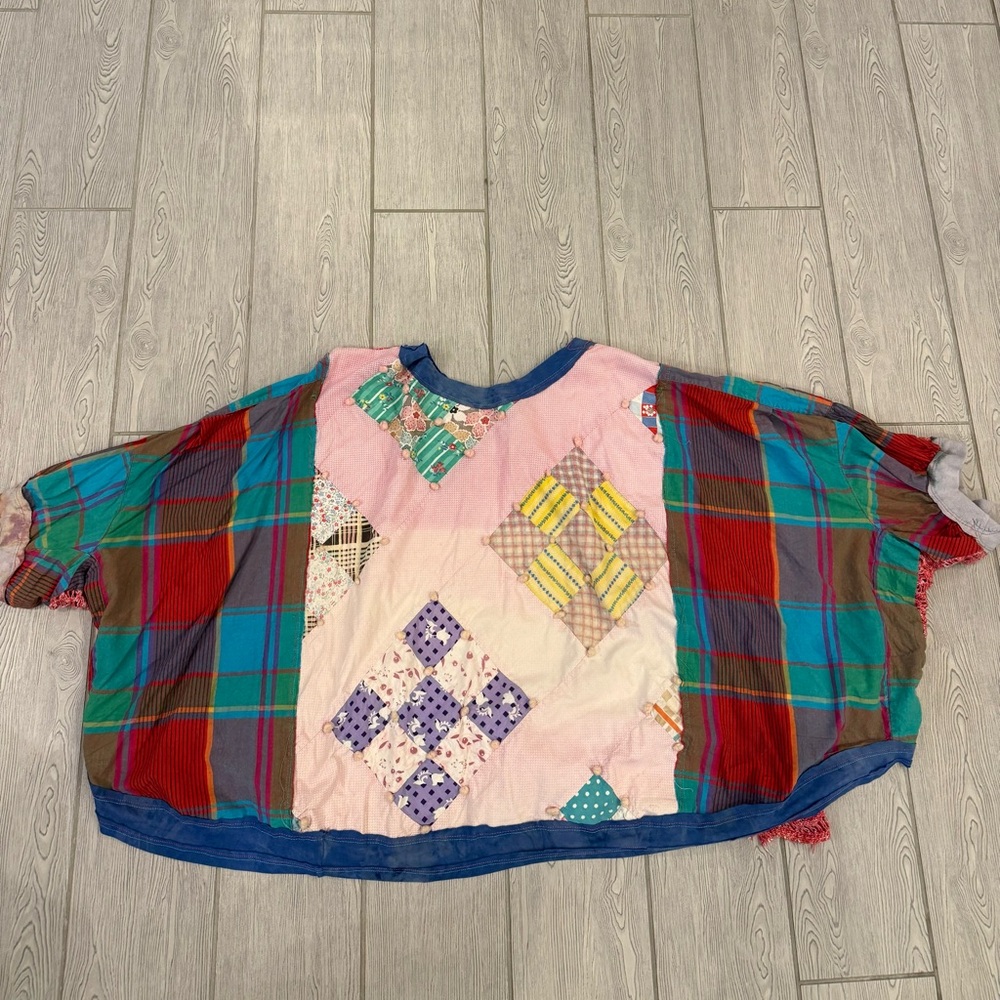 Quilted Colorful Plaid Print Up-Cycled Patchwork Oversized Top